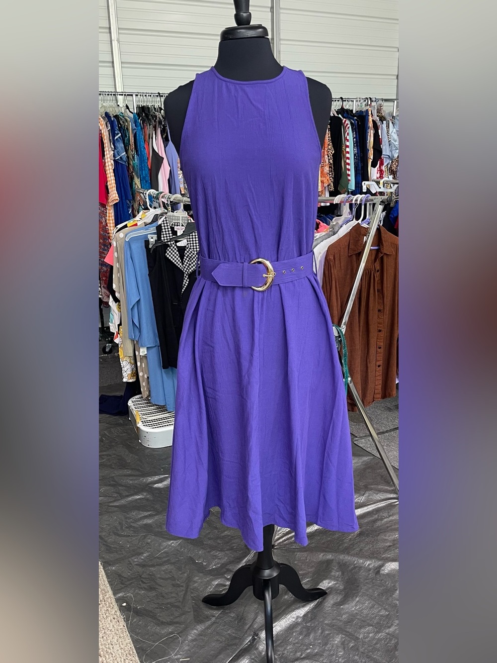 Vintage Sleeveless Purple Belted Midi Dress with Gold Buckle
